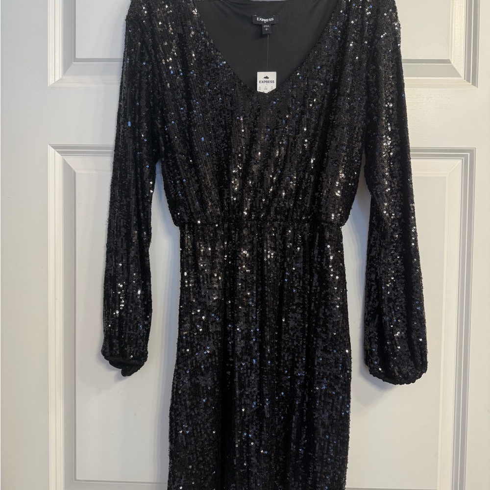 Express Black Sequin Long Sleeve Dress